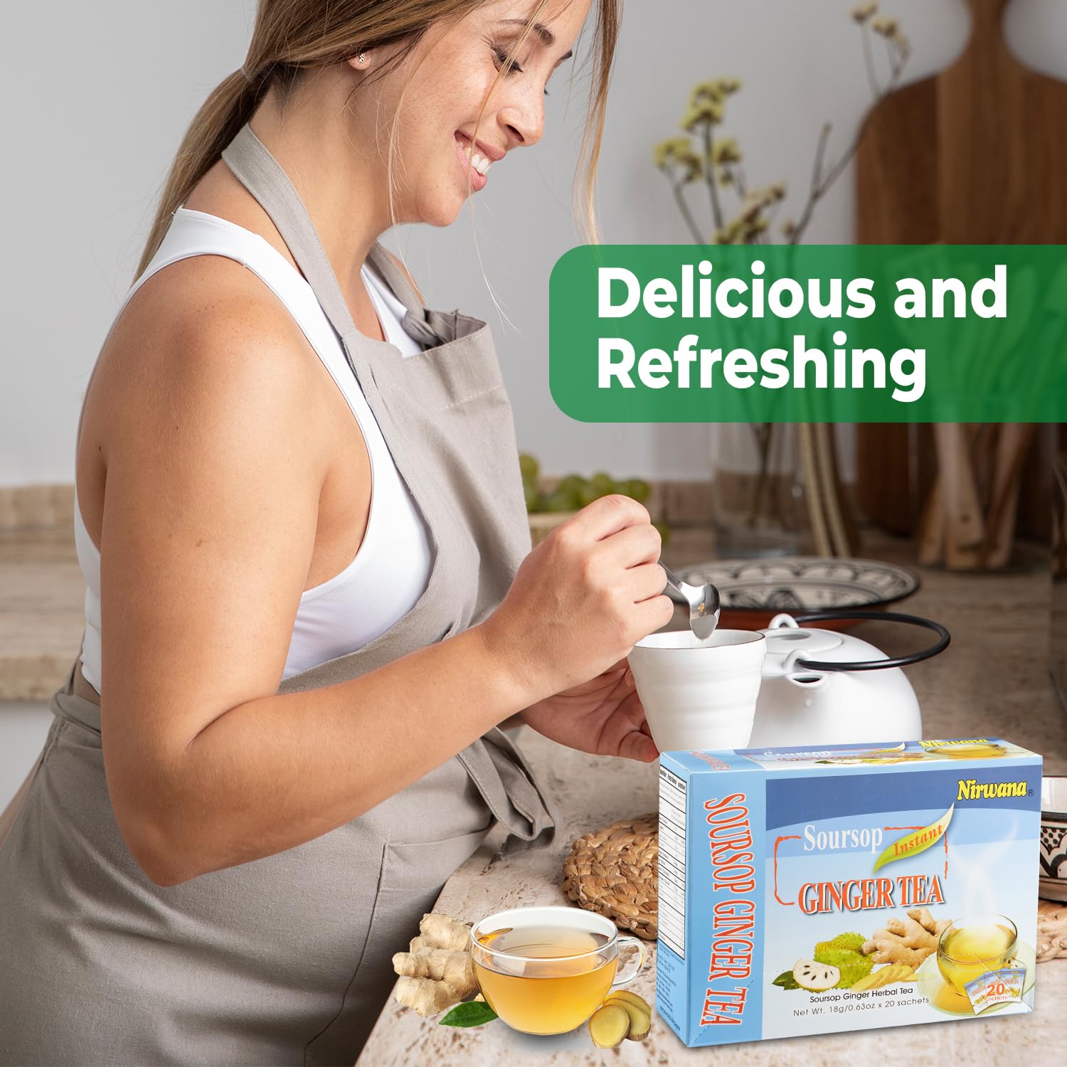 Soursop Ginger Tea - Refreshing Herbal Blend with Cinnamon & Lemon - Loose Leaf or Tea Bags 20 sachets Instant Tea