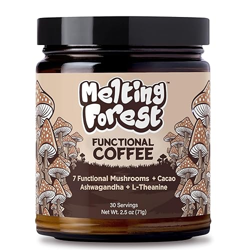 Melting Forest Mushroom Coffee, with 7 Functional Mushrooms, Cacao, Rhodiola, L-Theanine, Reishi & Lion's Mane, Stress Relieving, Focus, Cognitive