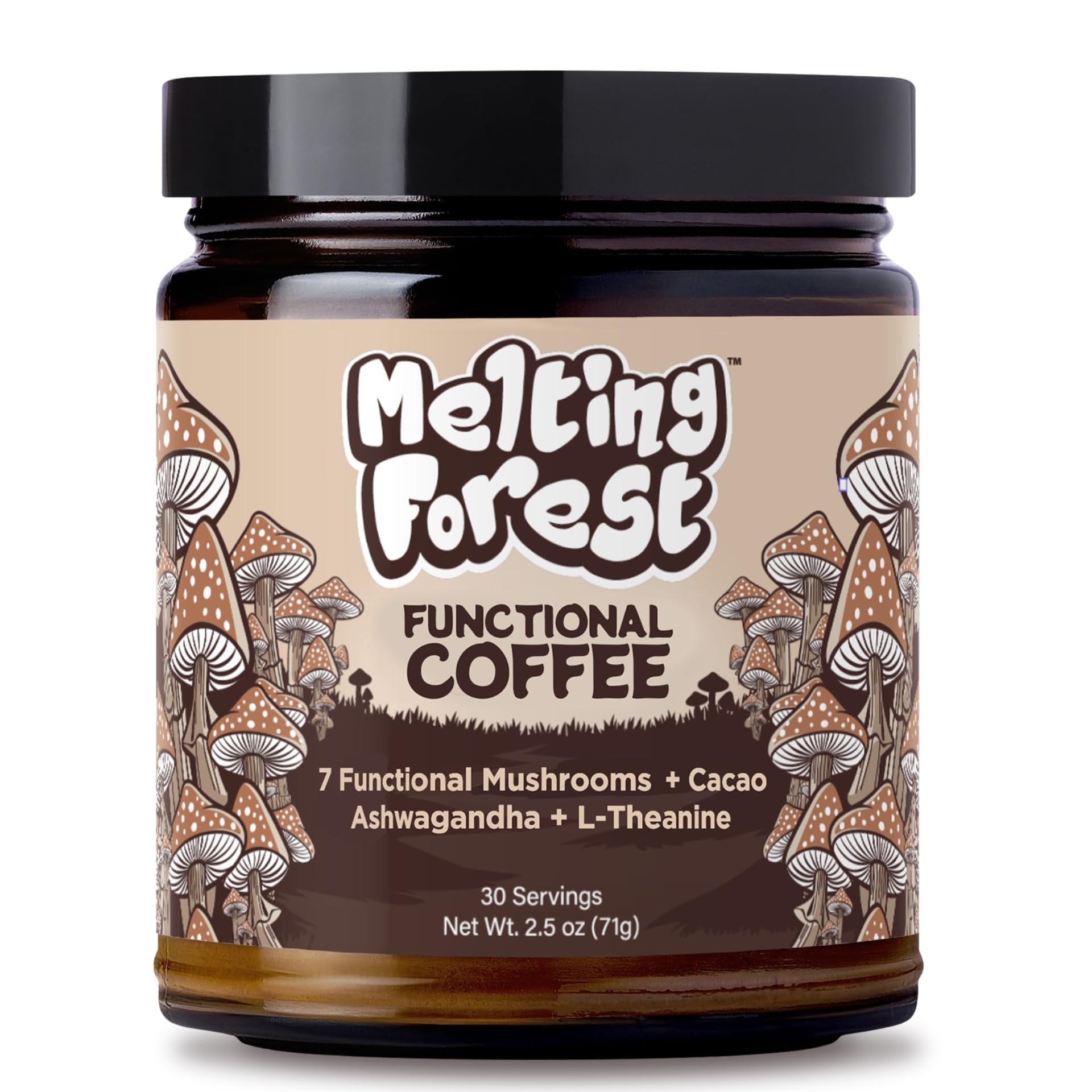 Melting Forest Mushroom Coffee, with 7 Functional Mushrooms, Cacao, Rhodiola, L-Theanine, Reishi & Lion's Mane, Stress Relieving, Focus, Cognitive