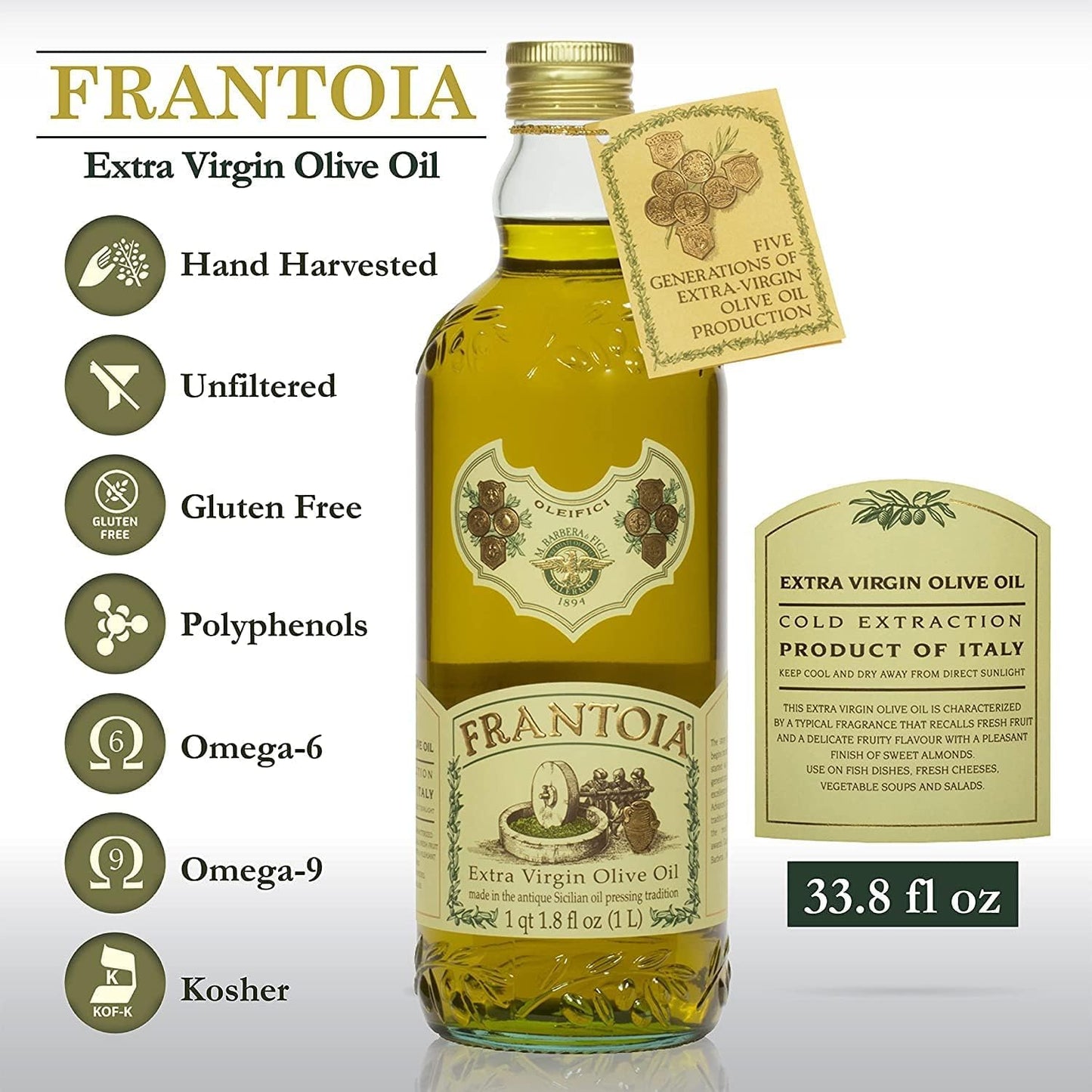 Frantoia Extra Virgin Olive Oil, 33.8 fl oz (1 Liter) - Award-Winning Sicilian EVOO Made from Biancolilla, Nocellara del Belice & Cerasuola Olives