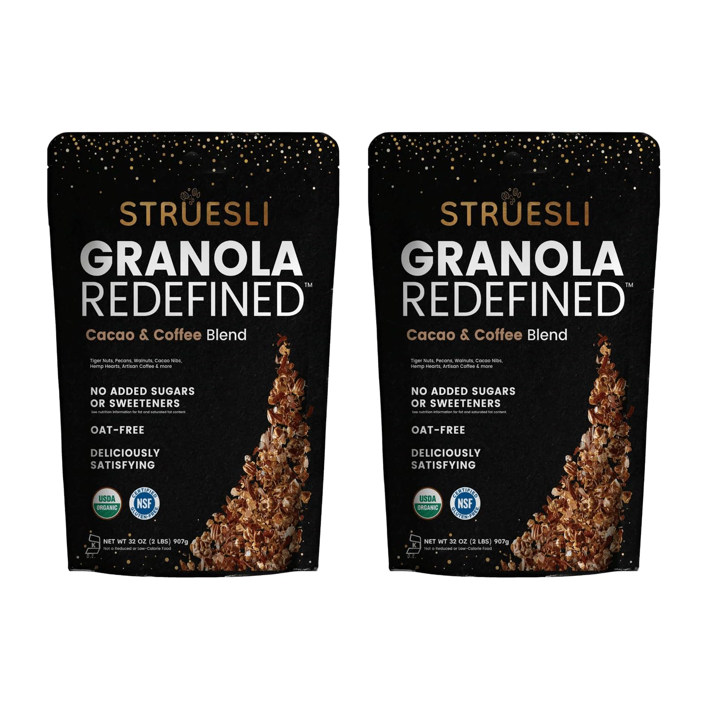 Struesli Cacao & Coffee Organic Granola, Grain & Gluten Free, Healthy Snacks with Cacao, Coffee, Tiger Nuts, Pecans, Walnuts, Hemp Hearts & Coconut