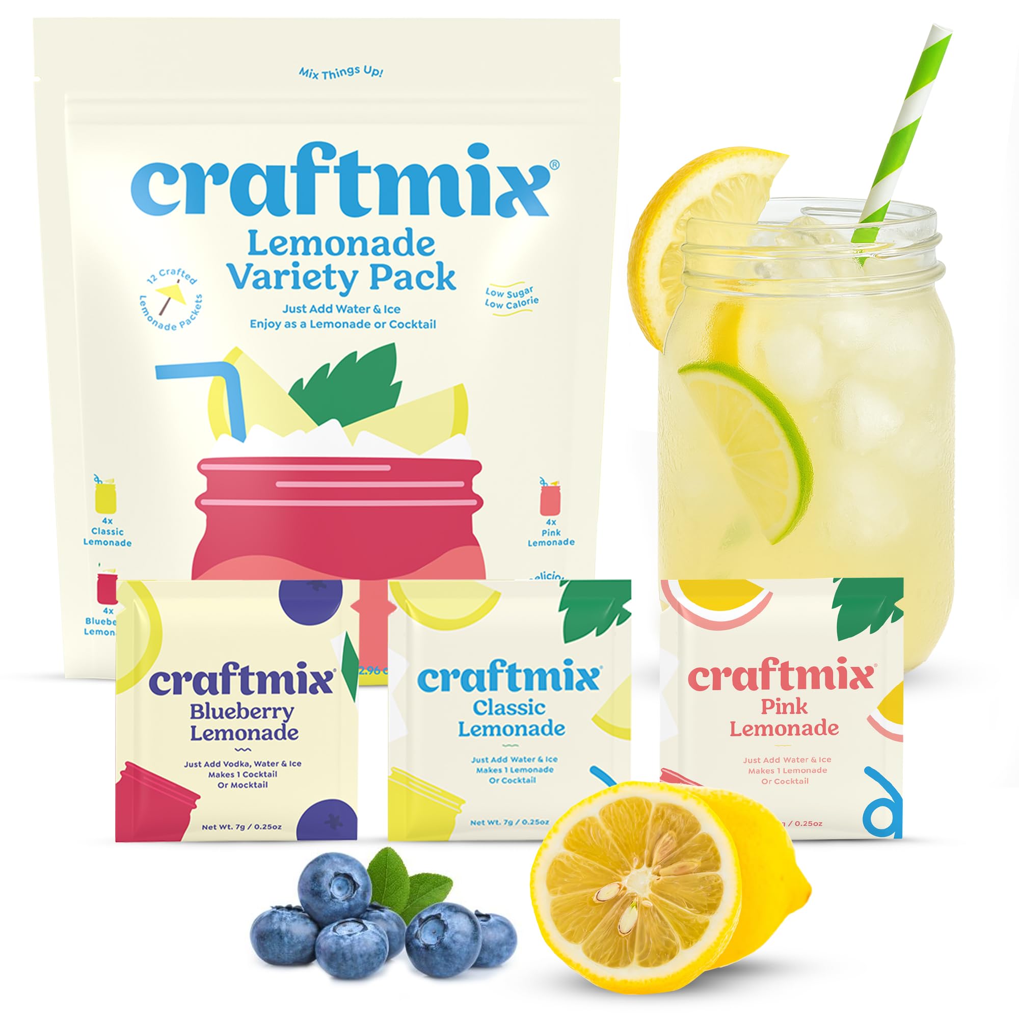 Craftmix Lemonade Variety Mix, 12 Packets, Easy Powder Drink with Real Fruit, Low-Sugar, Vegan, Low-Carb, Non-GMO, Dairy-Free, Gluten-Free, Flavored