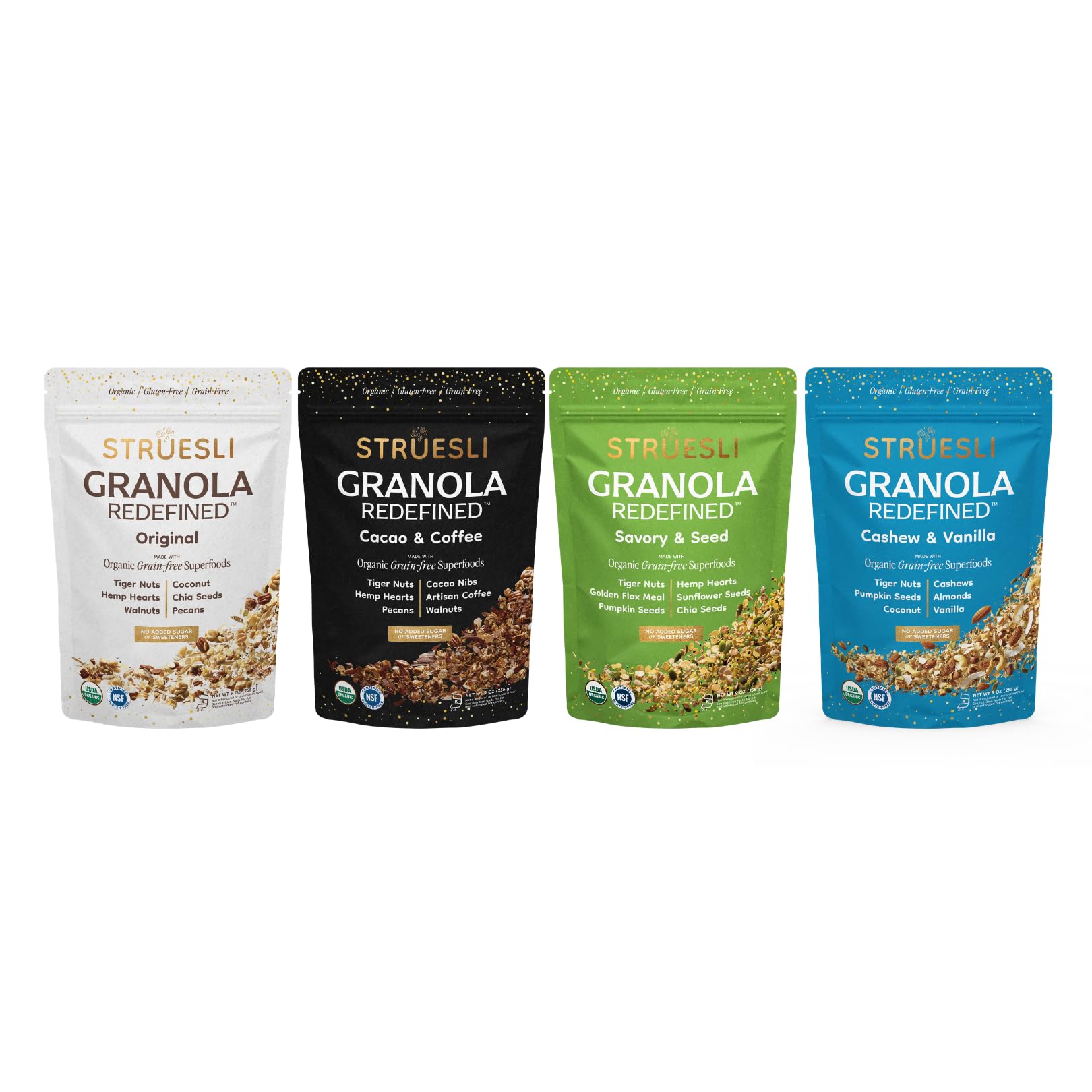 Struesli Organic Granola Variety Pack, Grain Free, 4 Flavors, 4 x 9 Oz