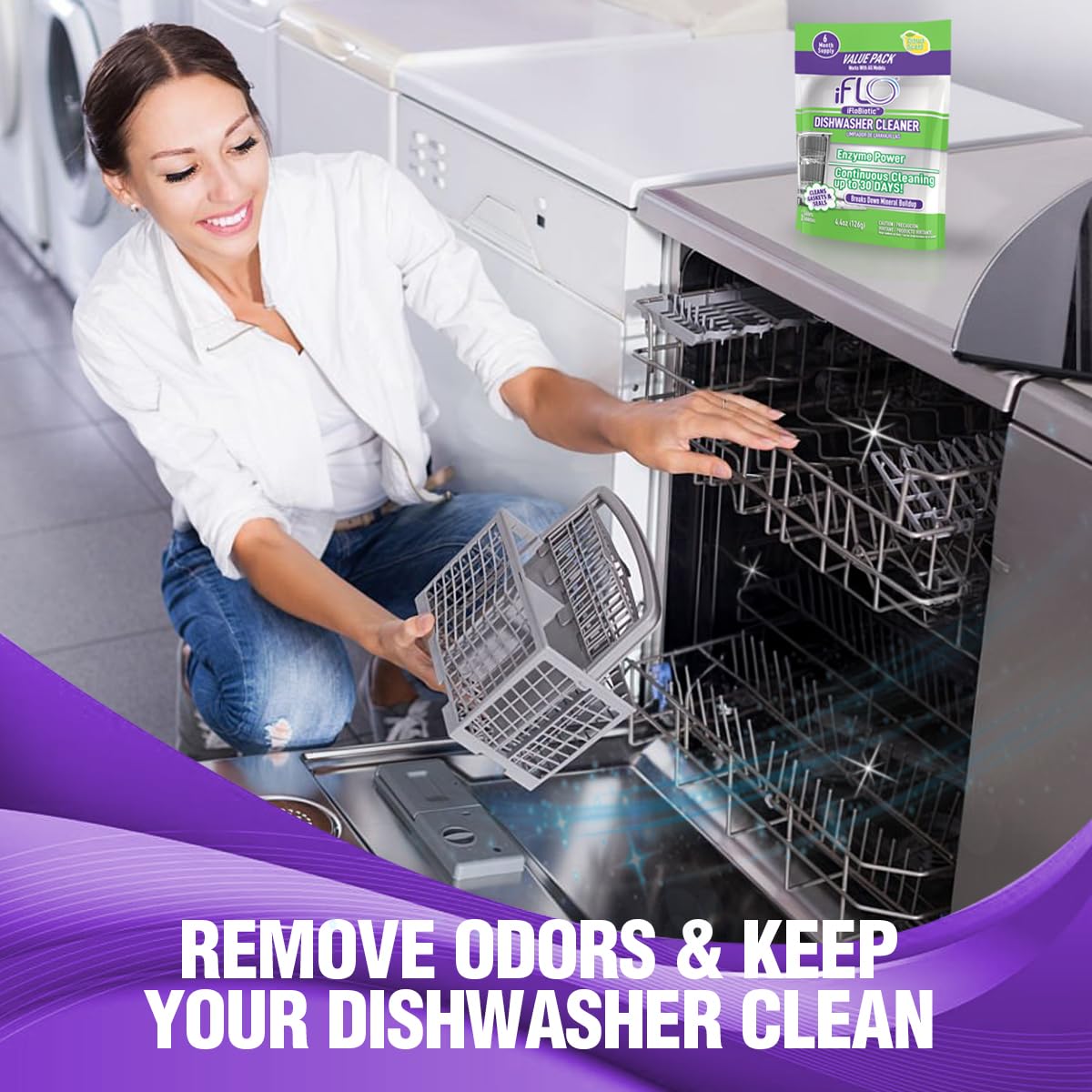 iFLO Dishwasher Cleaner Tablets with iFLObiotic - Deep Cleaning Dishwasher and Deodorizer Tablets to Eliminate Dish Washer Odor, Remove Residue