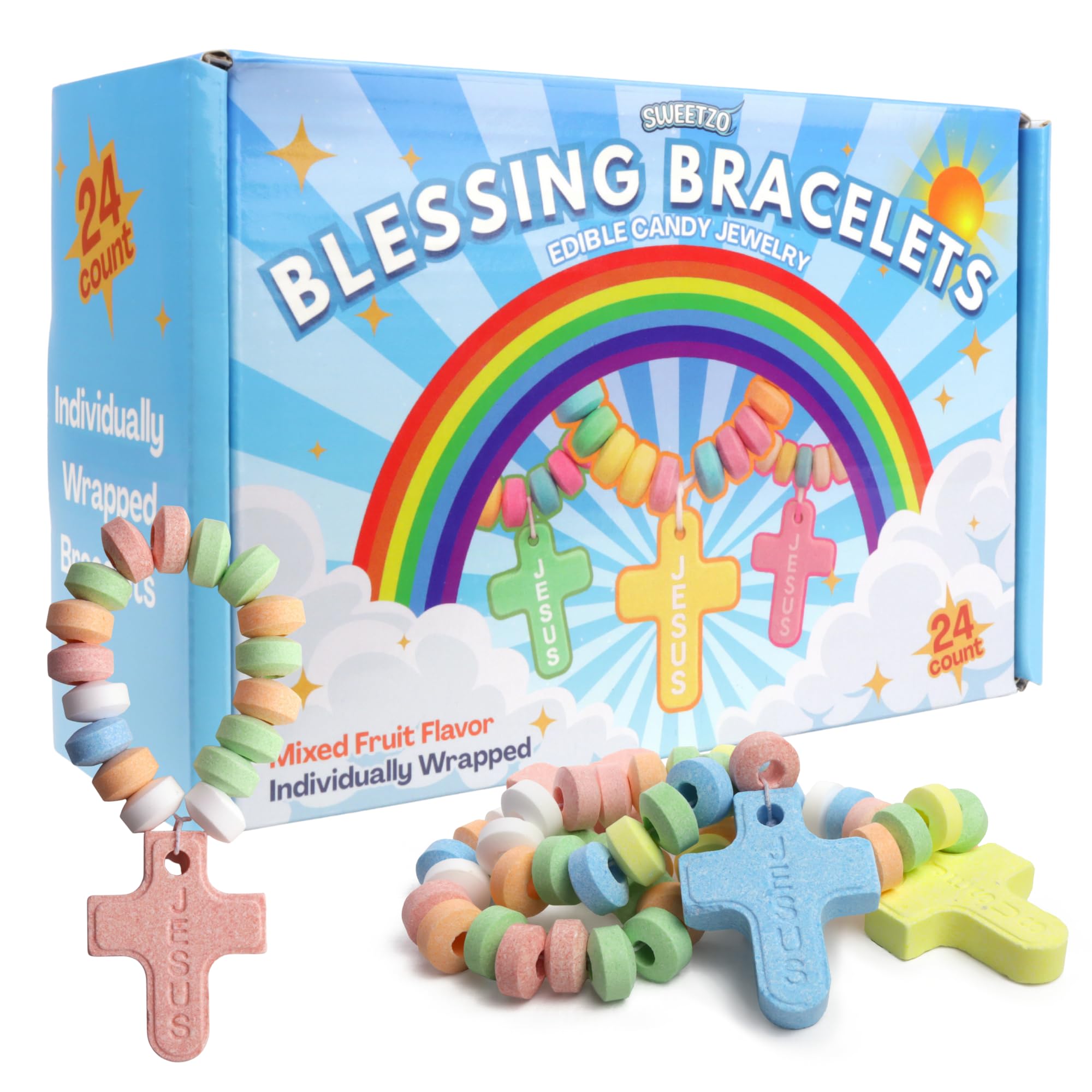 Cross Shaped Candy Bracelets, Individually Wrapped Edible Jewelry Treats, VBS or Sunday School Snacks, 24 Count, 10.16 Ounces