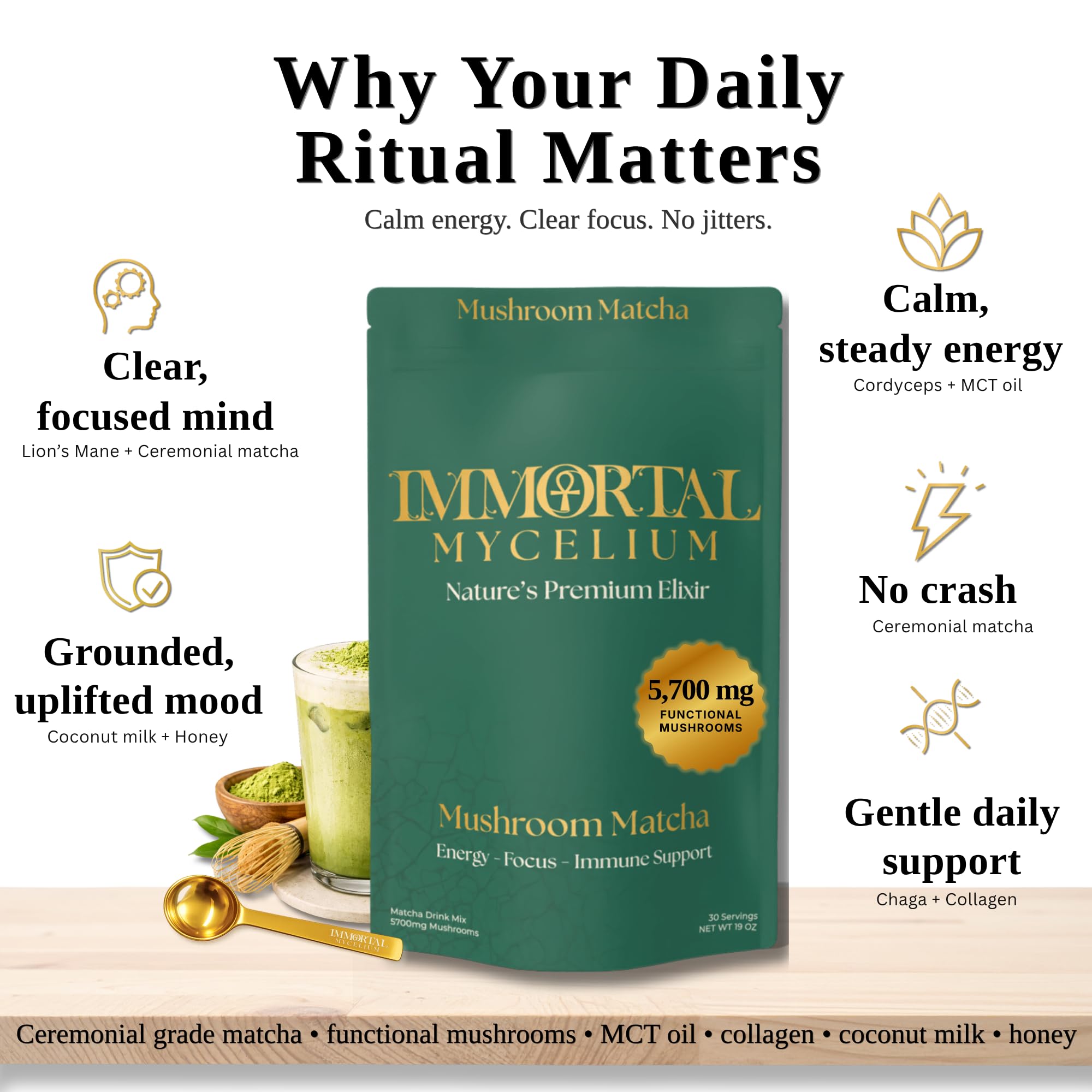 Immortal Mycelium Mushroom Matcha Drink Mix - Ceremonial Grade Matcha with Lion’s Mane, Cordyceps & Chaga - Creamy Adaptogenic Green Tea Latte - 15