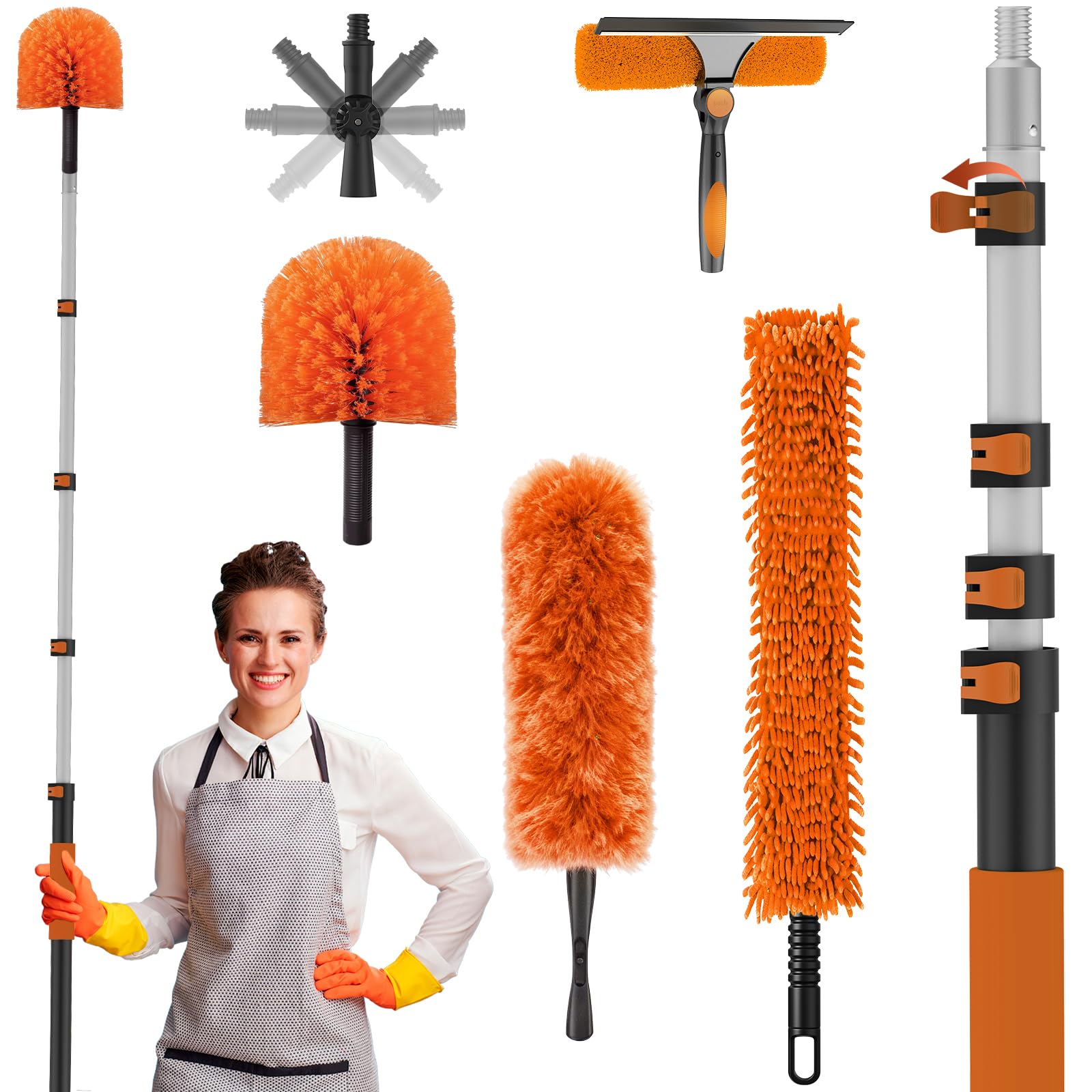 High Ceiling Duster Kits with 3-12FT Adjustable Pole - Includes Extra Long Duster, High Ceiling Duster, Rotatable Window Squeegee & Cobweb Duster