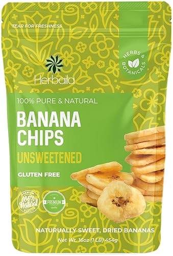 Herbaila Dried Banana Chips Unsweetened Bulk, 1 lb. Dried Bananas, Unsweetened Banana Chips, Dehydrated Bananas, Unsweetened Dried Banana slices