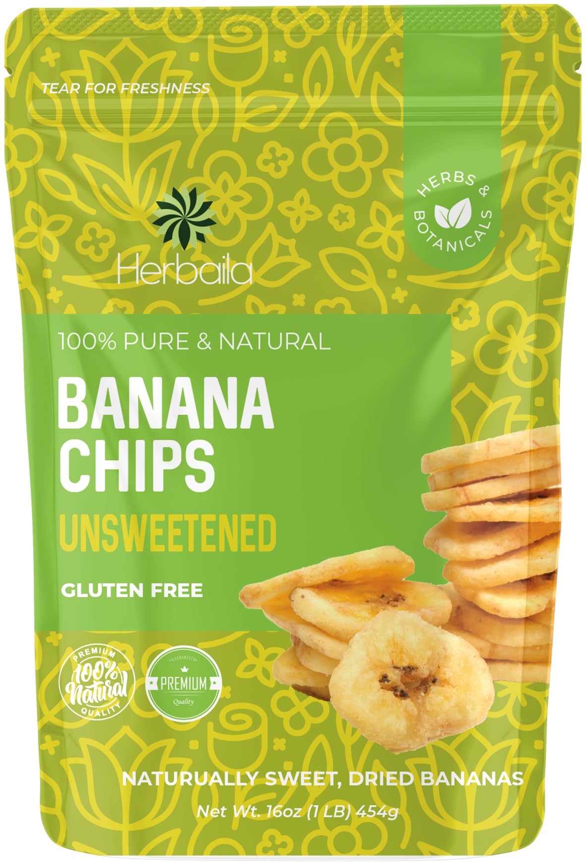 Herbaila Dried Banana Chips Unsweetened Bulk, 1 lb. Dried Bananas, Unsweetened Banana Chips, Dehydrated Bananas, Unsweetened Dried Banana slices