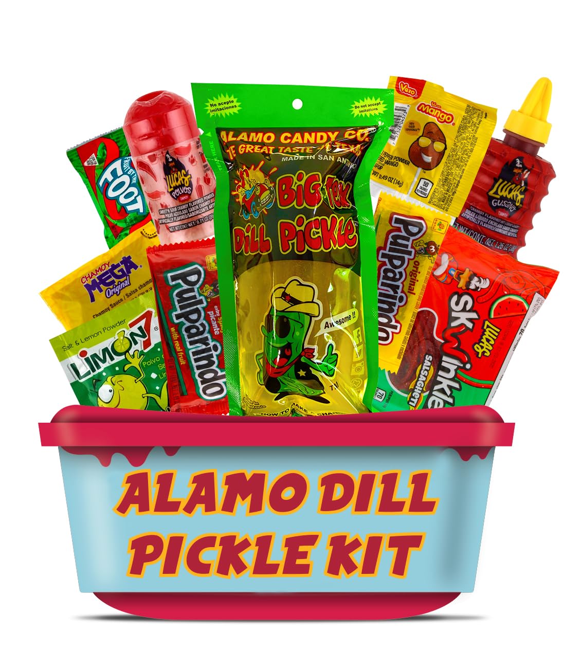 Alamo Dill Pickle Kit, Make Your Own Chamoy Kit, Make the Famous TikTok Trend, Includes Original Alamo Dill Pickle, Chamoy Sauce, Chips, Baby Lucas