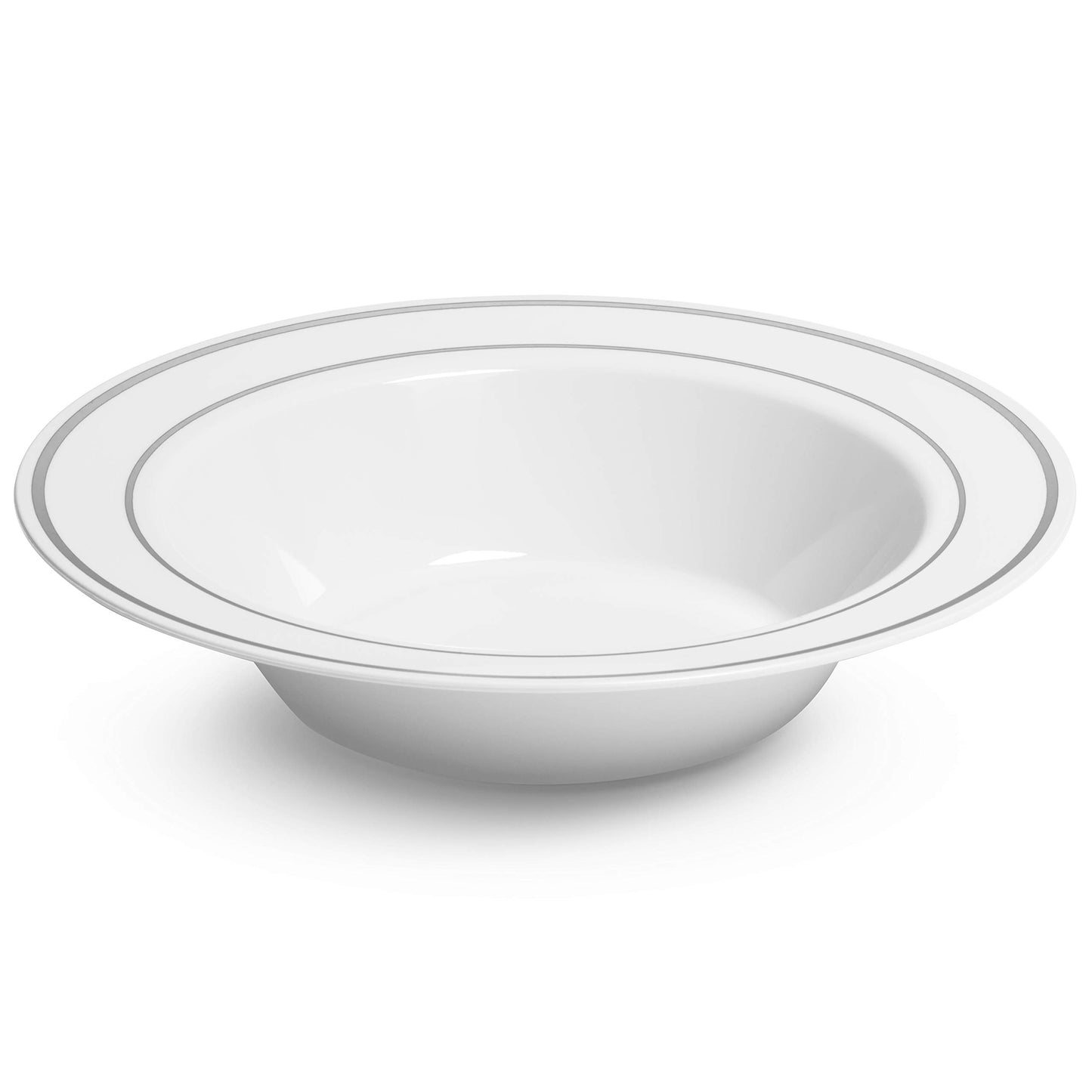 Silver Rimmed White Bowls - 5 ounce - 50 Count - Hard Plastic - Disposable or Reusable - Dessert - Salad - Cereal - Pasta Bowls - Ideal for Weddings