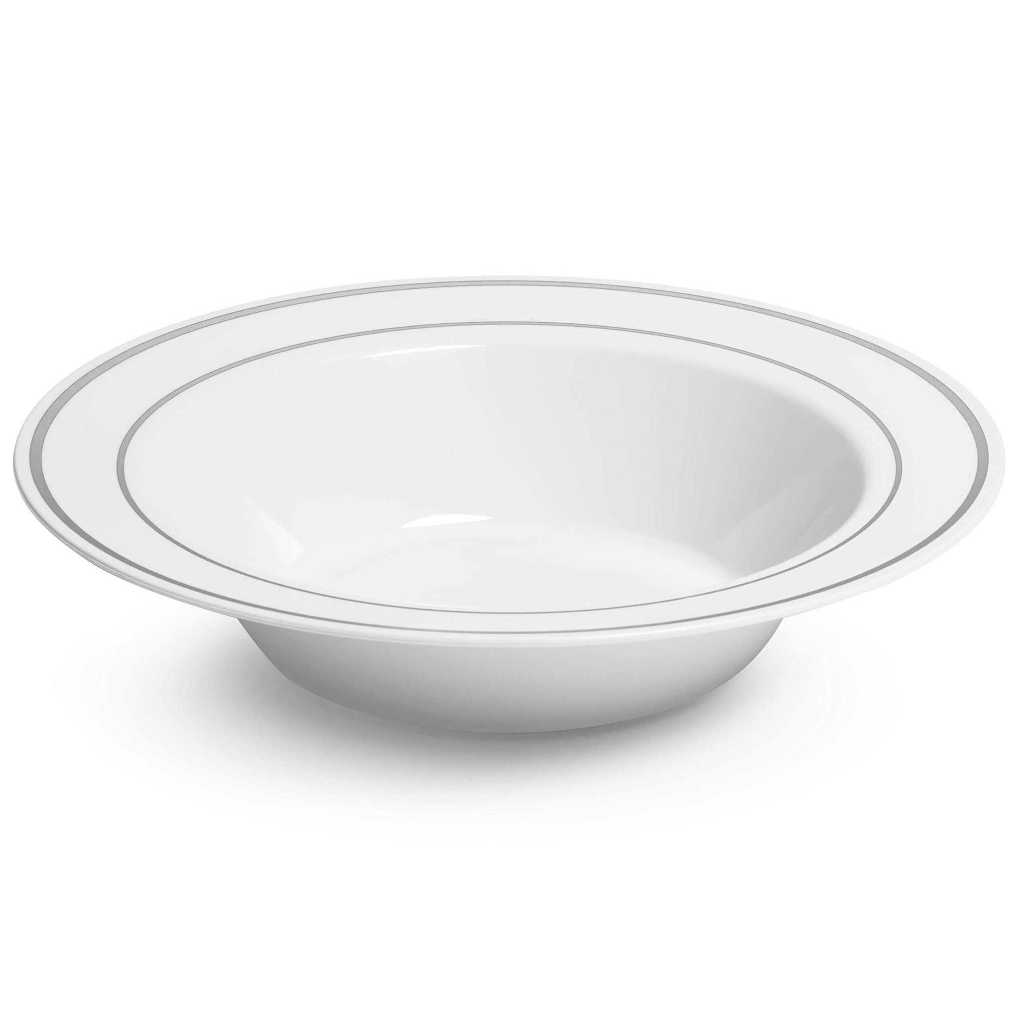 Silver Rimmed White Bowls - 5 ounce - 50 Count - Hard Plastic - Disposable or Reusable - Dessert - Salad - Cereal - Pasta Bowls - Ideal for Weddings