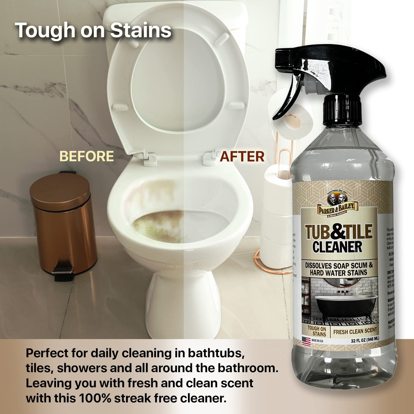 PARKER & BAILEY Tub & Tile Cleaner - Bathroom Cleaner Shower Cleaner Spray Tub Cleaner Soap Scum Remover for Shower Hard Water Stain Remover Household
