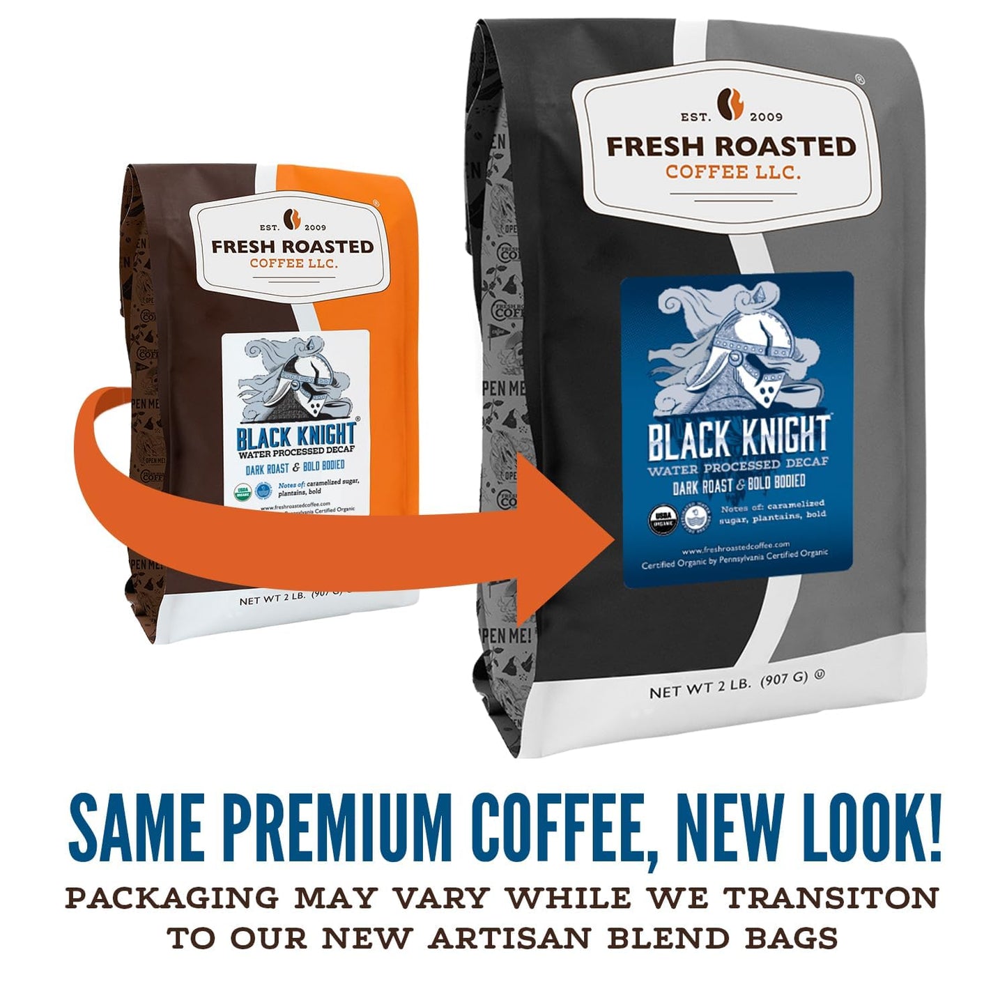 Fresh Roasted Coffee, Organic Black Knight Water-Processed Decaf Whole Bean Coffee, Dark Roast, USDA Organic, Kosher, 12 oz