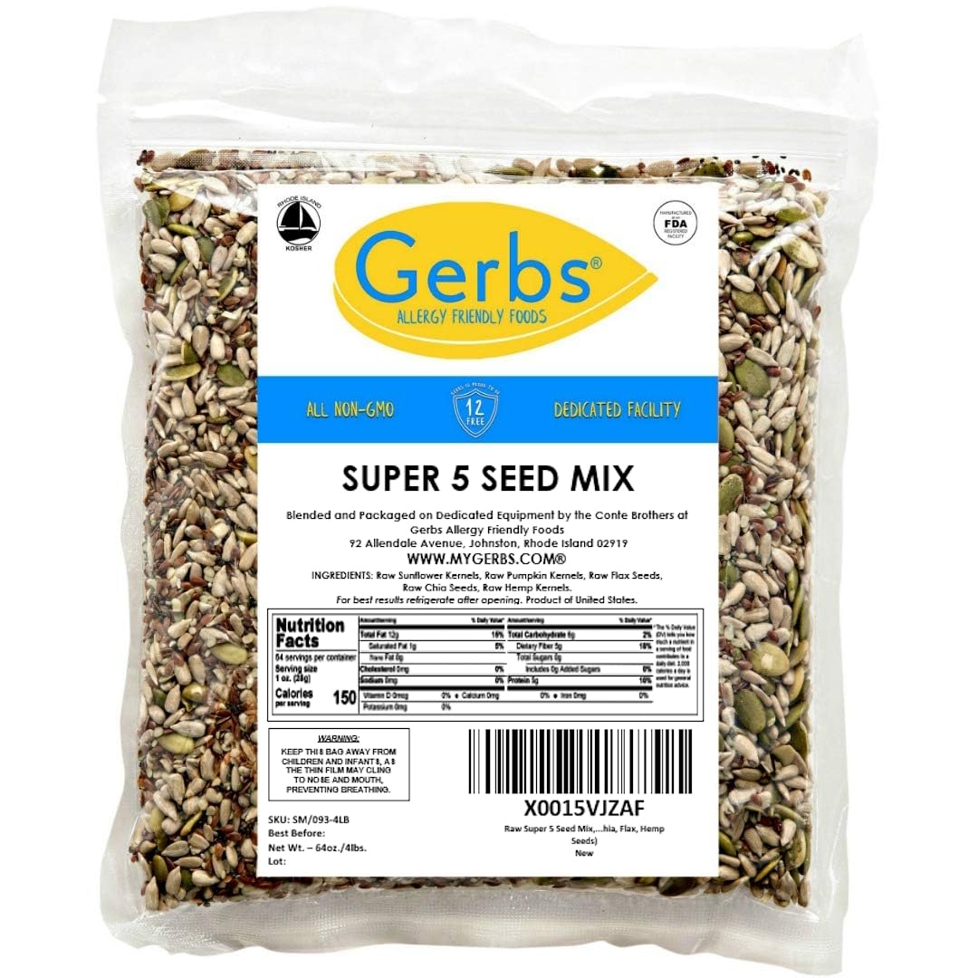 Gerbs Super 5 Seed Snack Mix 4 lbs. | Raw, No Artificial Additives, Resealable Bag | Crunchy Pumpkin, Sunflower, Brown Flax, Black Chia, Hemp | Top 14