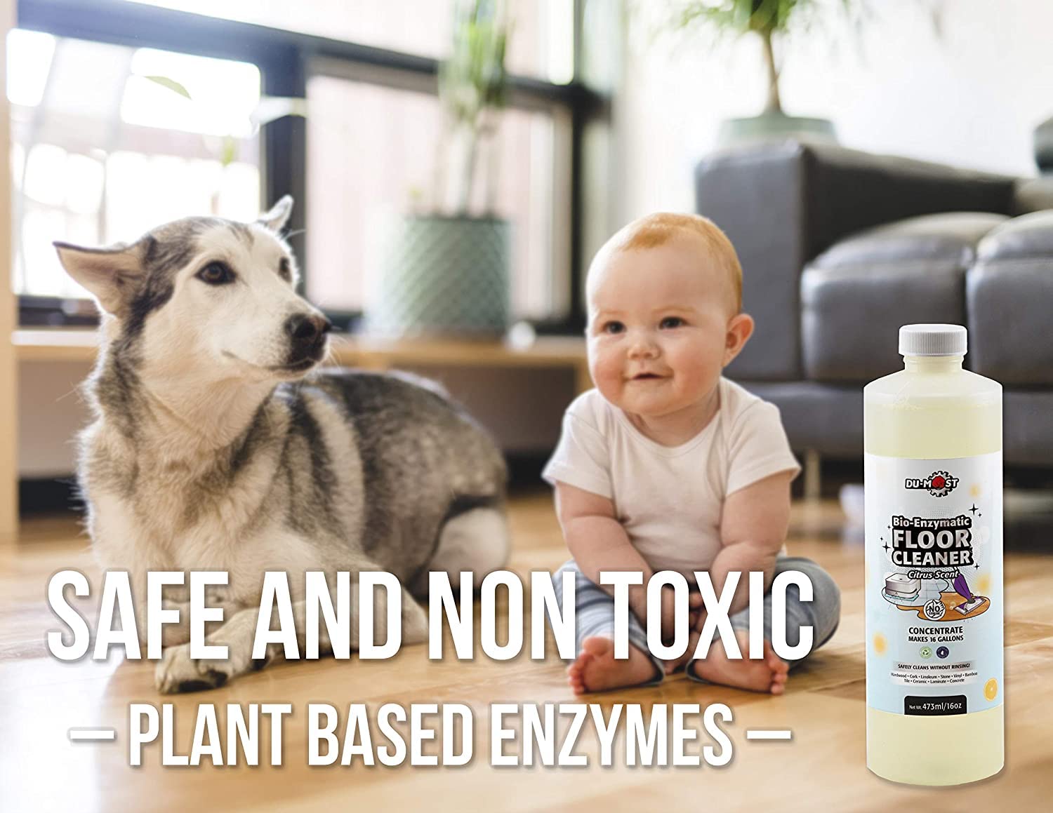 DU-MOST Enzymatic Floor Cleaner Concentrate (1 Oz Makes 1 Gal), No, Streak, No Rinsing, Kids & Pets Safe, Hard Surface Floors, Citrus Scent, 16 Fl Oz