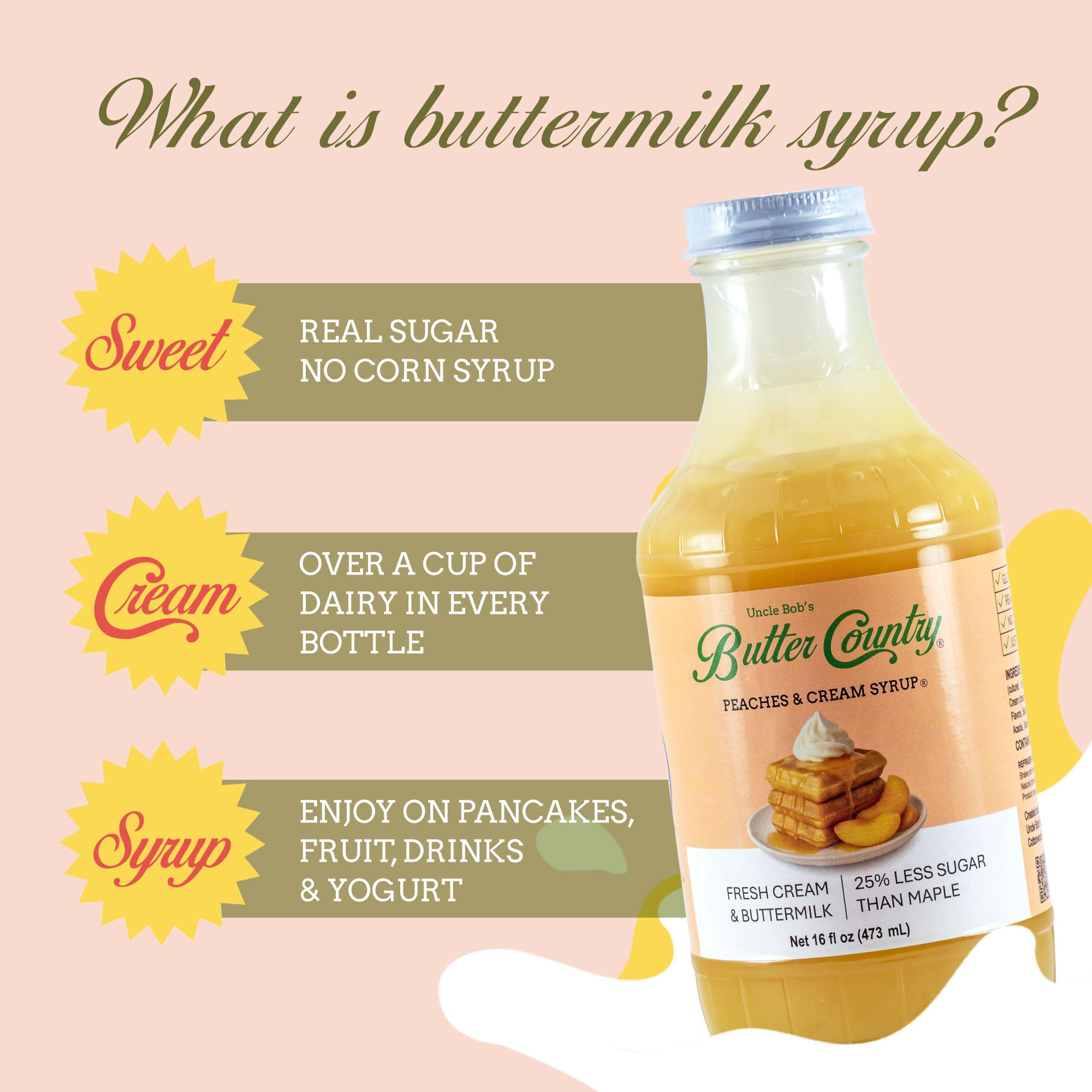 Butter Country Rich & Creamy Peach Syrup for Pancakes and Waffles, All Natural Fruity Topping Use on Drinks, Desserts, French Toast - 16 fl oz Bottle