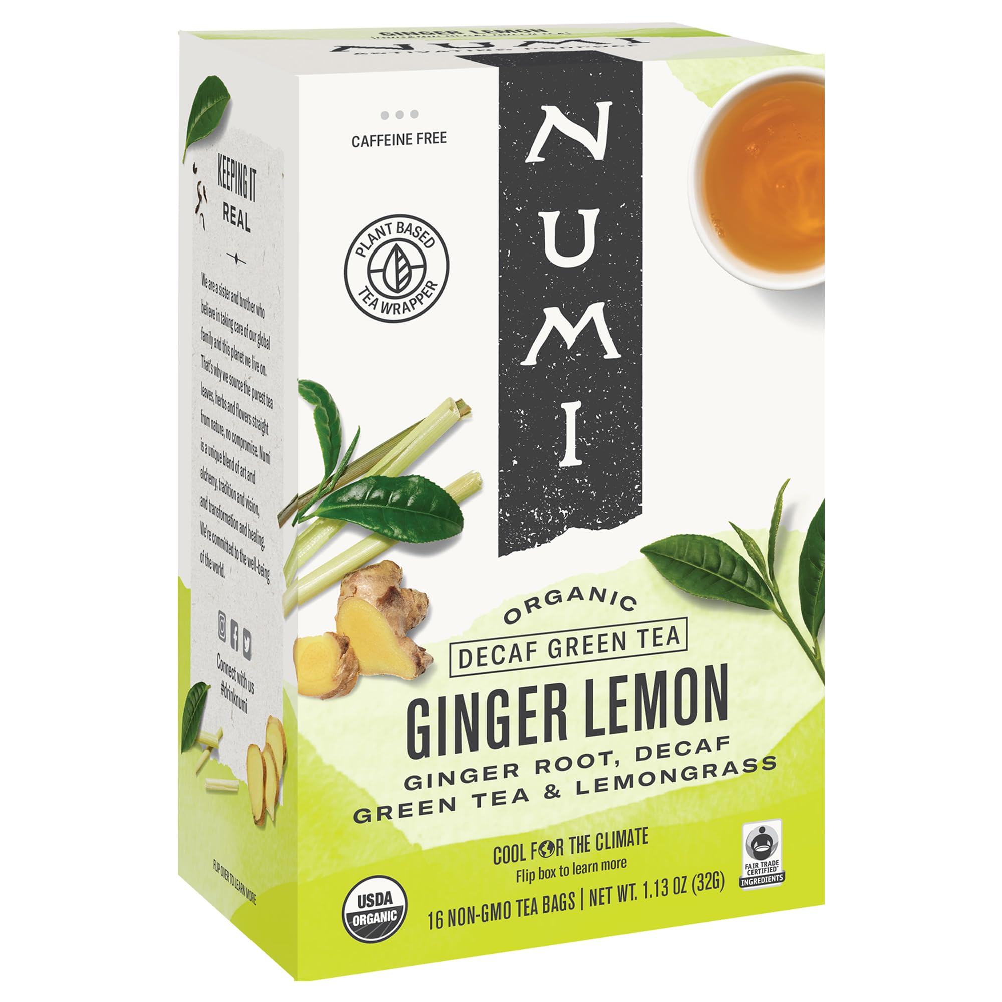Numi Organic Ginger Lemon Decaf Tea, 96 Green Tea Bags with Ginger Root and Lemongrass