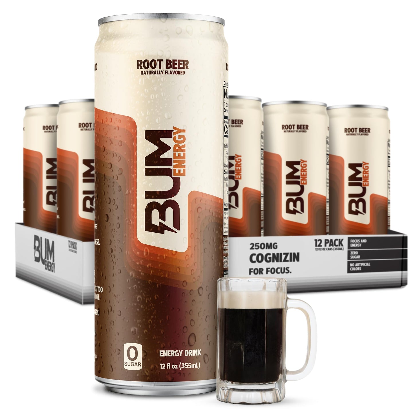 BUM Sugar-Free Energy Drink, Root Beer - Lightly Carbonated & No Artificial Colors, Natural Caffeine & Citicoline for Energy & Focus, Brain Boost