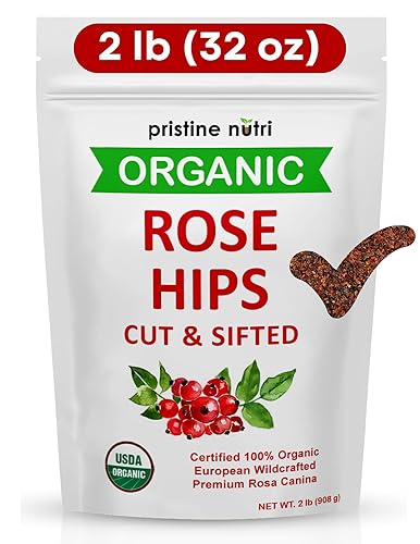 2 lb (32 oz) 100% USDA Organic Rose Hips Dried Bulk, Rosehips Cut & Sifted Shells, 95% Seedless, European All Natural, Makes 140 Cups of Vitamin C