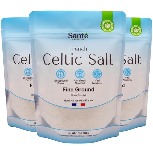Sante Naturelle Celtic Salt Organic Fine Ground - 1.1lb (18oz) Pack of 3, Unrefined Organic French Sea Salt, Rich in 82+ Minerals Salt, 100% Natural