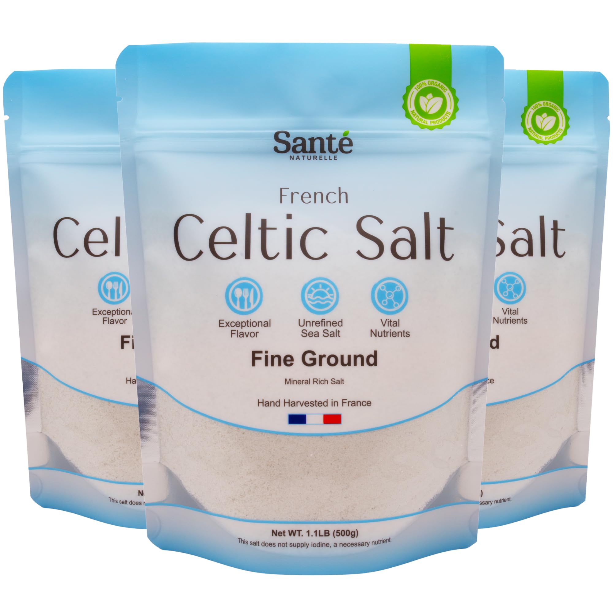 Sante Naturelle Celtic Salt Organic Fine Ground - 1.1lb (18oz) Pack of 3, Unrefined Organic French Sea Salt, Rich in 82+ Minerals Salt, 100% Natural
