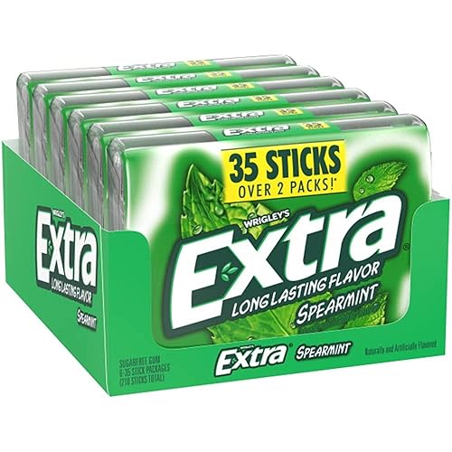 Long Lasting Flavor Spearmint Extra Gum 35 Sticks (Pack of 6), Sugar Free Chewing Gum Mega Pack, Spearmint Chewing Gum Bulk With Laiby Sticker
