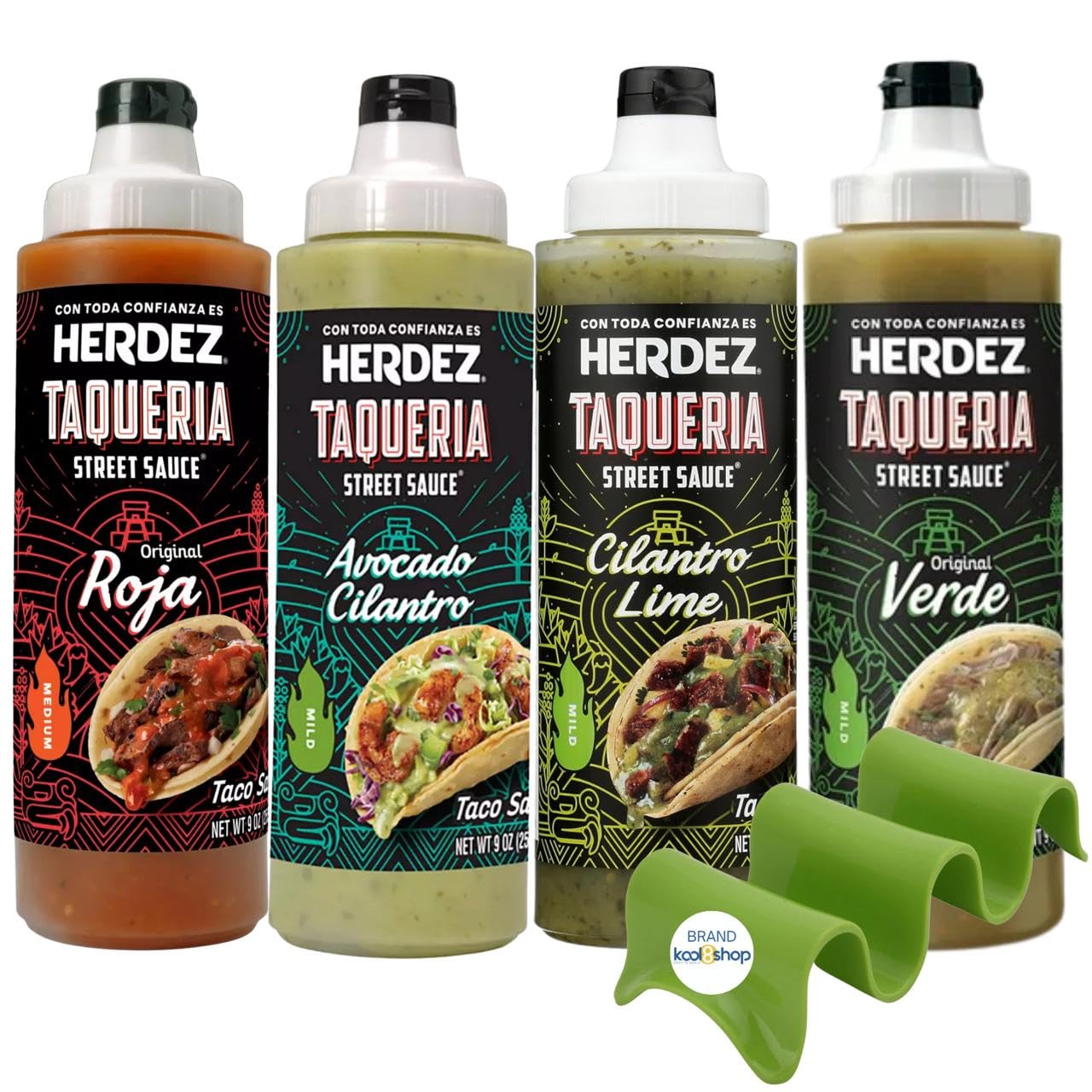 Herdez Taqueria Street Variety Pack Sauce 9 oz Plastic Bottle 4 Pack + 1 Taco Stand by KOOL8SHOP Infinite Deals