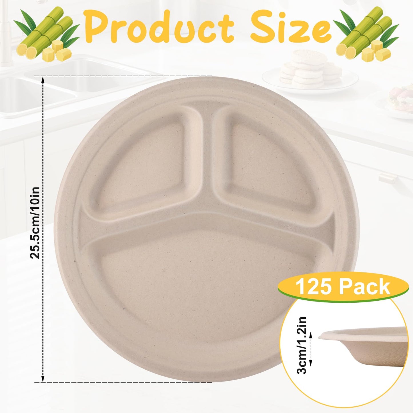 Loccmat 3 Compartment Paper Plates,125 Pack Disposable Paper Plate,10 Inch Compostable Plates,Heavy Duty Biodegradable Plate
