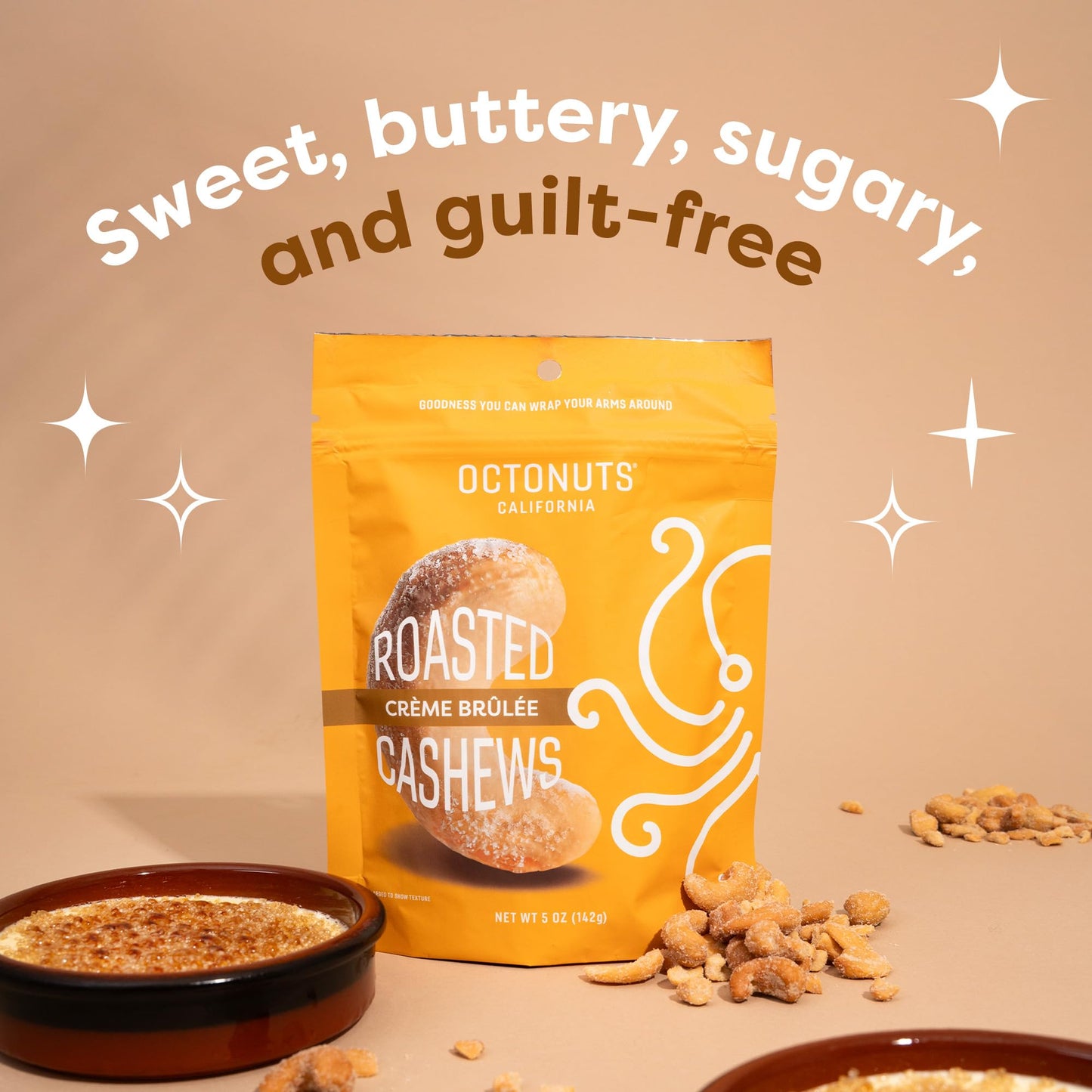 Octonuts Creme Brulee Cashews - Roasted in Almond Oil (5oz) Sweet & Crunchy Plant Based Protein - Healthy Snack for Adults & Kids - Vegan, Non-GMO