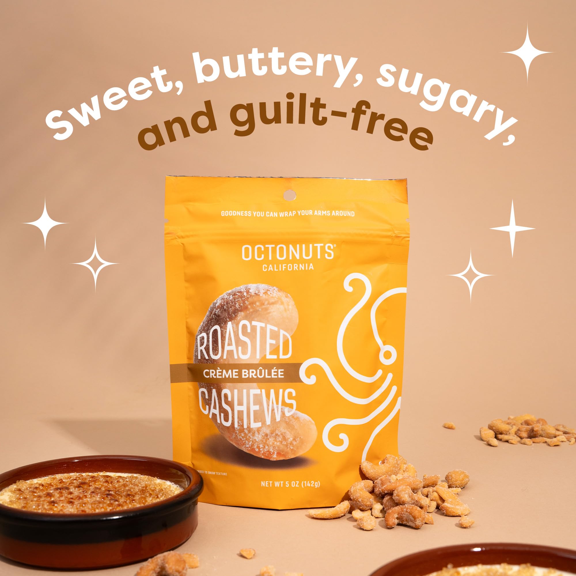 Octonuts Creme Brulee Cashews - Roasted in Almond Oil (5oz) Sweet & Crunchy Plant Based Protein - Healthy Snack for Adults & Kids - Vegan, Non-GMO