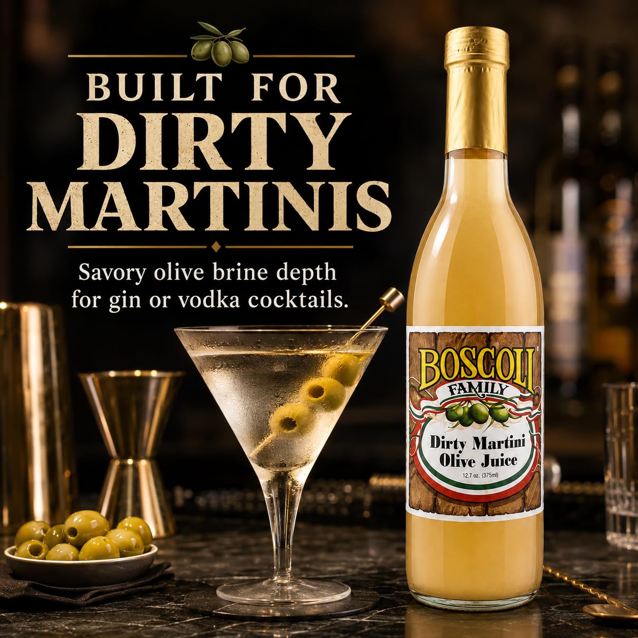 Boscoli Dirty Martini Olive Juice 12.7 oz Pack of 3, Premium Olive Brine Cocktail Mixer, All Natural Gluten Free Martini Mix for Dirty Martinis