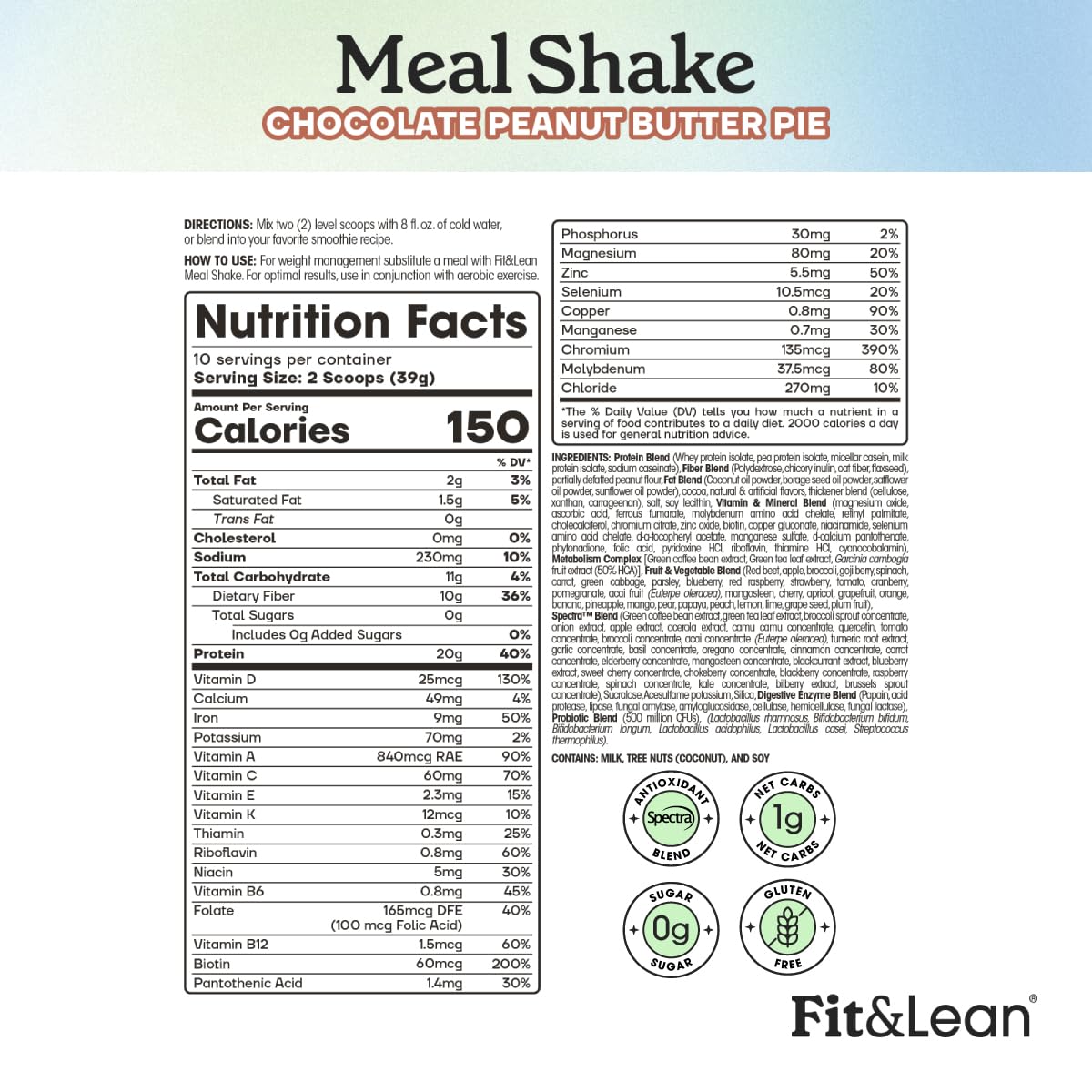 Fit & Lean Meal Shake Meal Replacement with Protein, Fiber, Probiotics and Organic Fruits & Vegetables, Chocolate Peanut Butter Pie, 1lb, 10 Servings