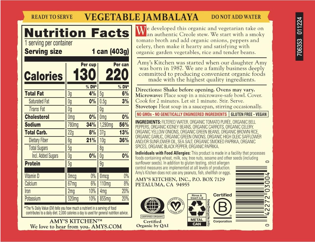 Amy's Soup, Organic Vegetable Jambalaya, 14.2 Oz