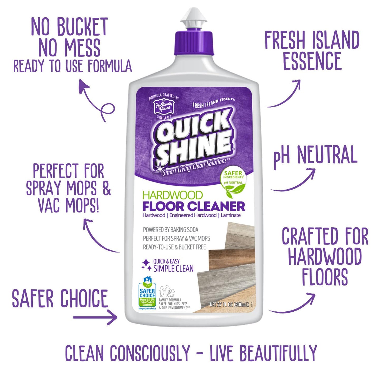 Quick Shine Hardwood Floor Cleaner 27oz| Use in Spray & Vac Mops| Removes Dirt & Scuff Marks| Ready-to-Use, Streak Free, No Rinse| Safer Choice