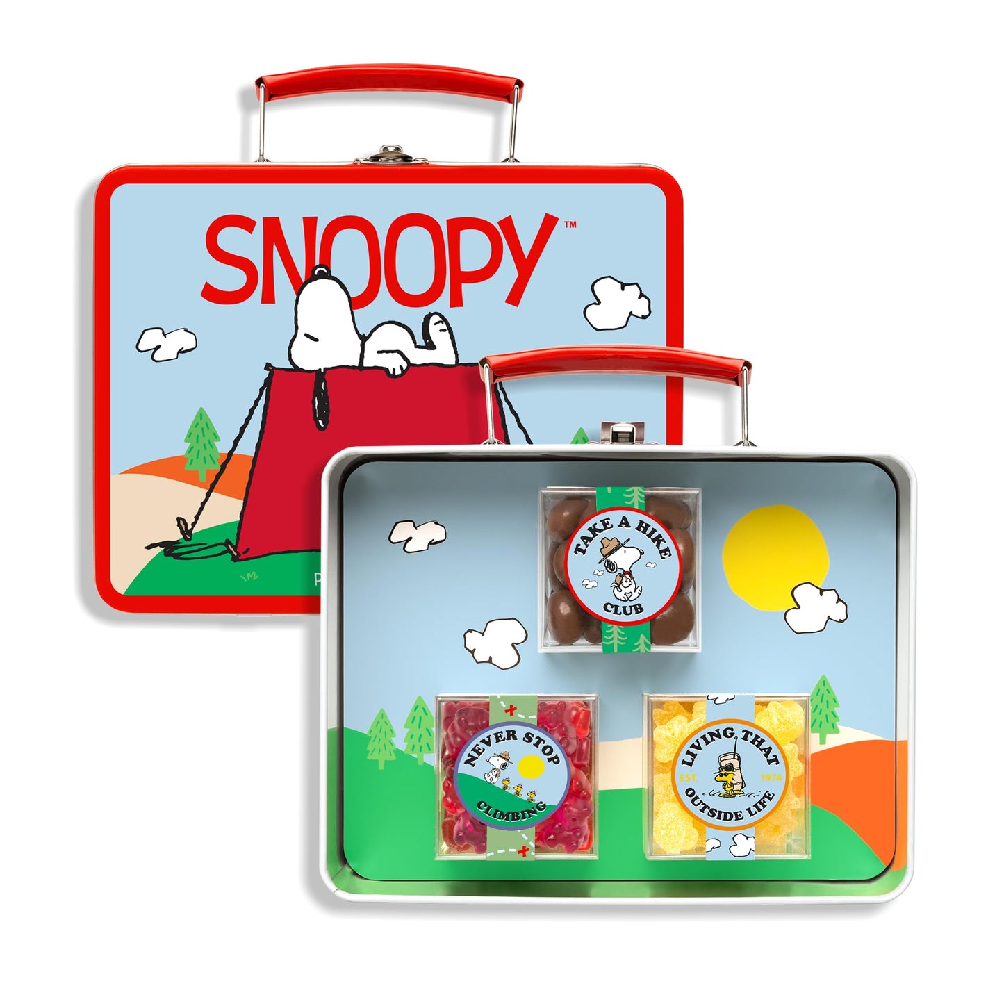 Peanuts x Sugarfina 3 Piece Candy Lunch Box | Chocolate Biscuits, Jelly Bears, Lemonade Stars