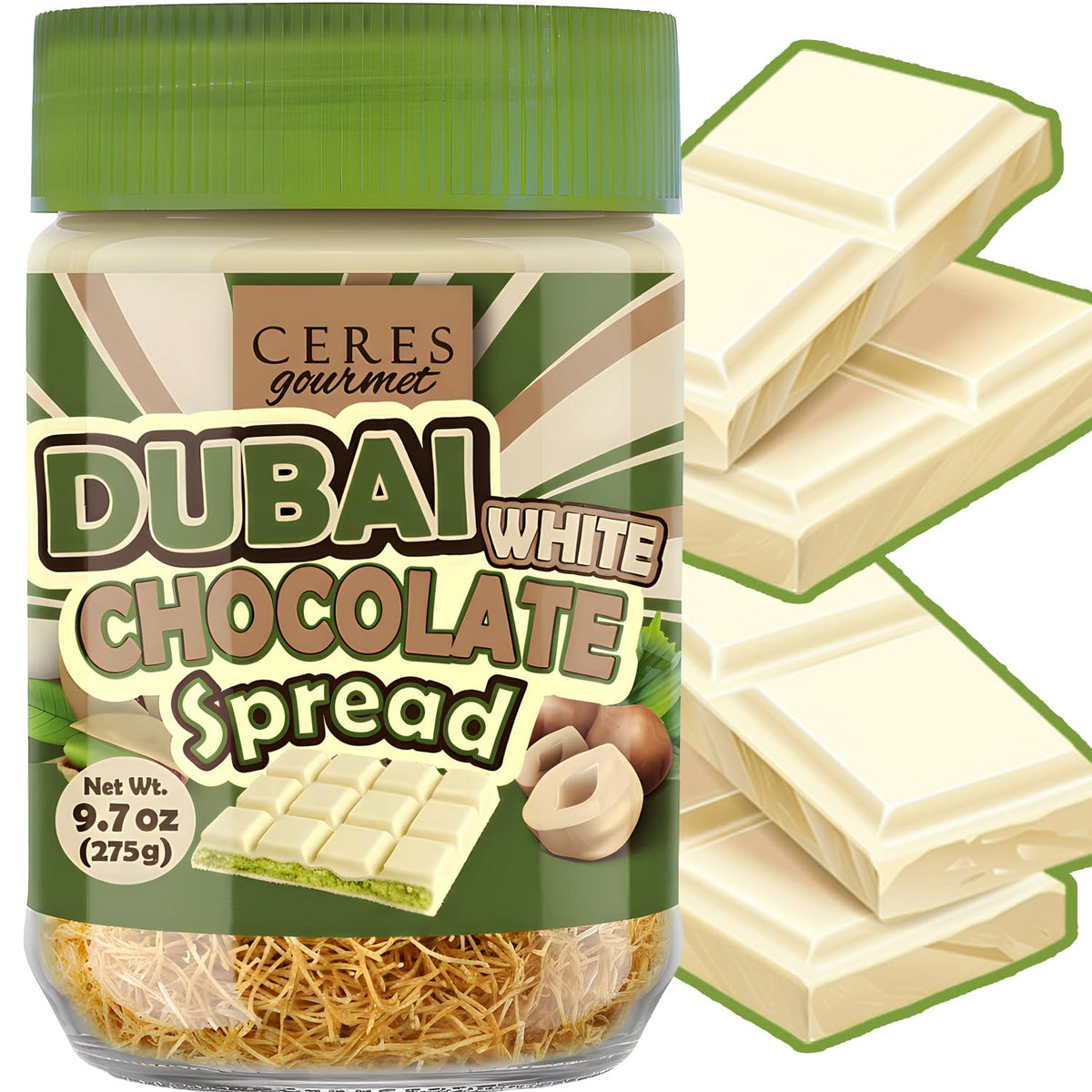 Dubai White Chocolate Spread 9.7 oz Jar with Pistachio Cream and Kataifi