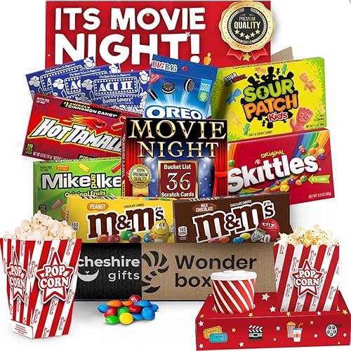 Movie Night Basket Gift Set - with Candy Variety Pack, Movie Trays, Movie Snacks & Popcorn Set - Gift Baskets For Families by Cheshire Gifts