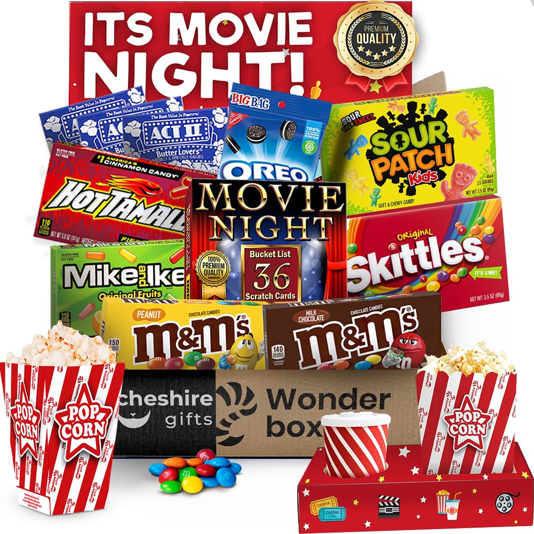 Movie Night Basket Gift Set - with Candy Variety Pack, Movie Trays, Movie Snacks & Popcorn Set - Gift Baskets For Families by Cheshire Gifts