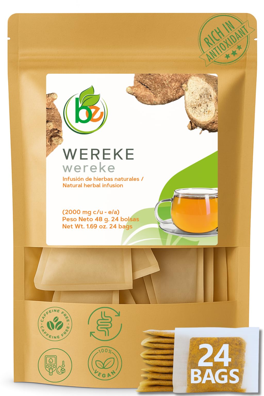 Wereke Te (24 Tea Bags) - 1.69 oz (48g) - 100% Natural Wereke Root (Ibervillea sonorae) - Rich in Antioxidants, Caffeine-Free, Vegan, Non-GMO