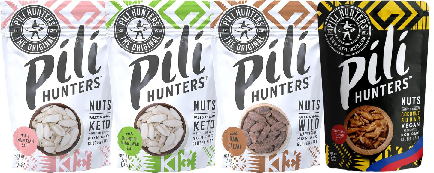 Pili Hunters Variety Pack, Wild-Harvested Keto Nuts, 4 Flavors - Raw Cacao, Coconut, Himalayan Salt, Classic Sugared, Vegan, Gluten-Free almost 1.5