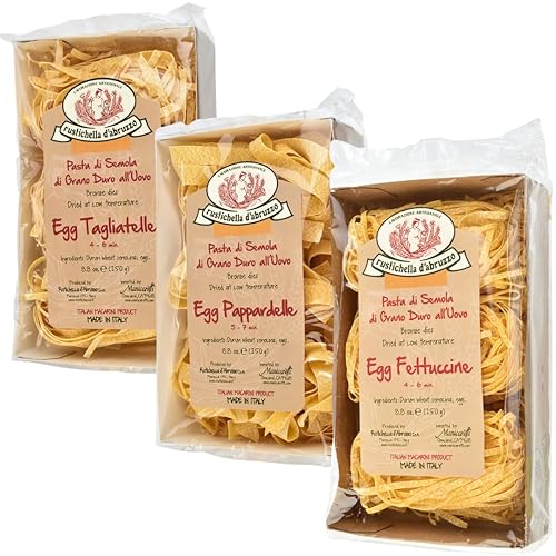 Rustichella d’Abruzzo Egg Pasta Variety Pack - Egg Tagliatelle, Egg Fettuccine & Egg Pappardelle - 3 x 8.8 oz (250g) Italian Egg Pasta Nests - Durum