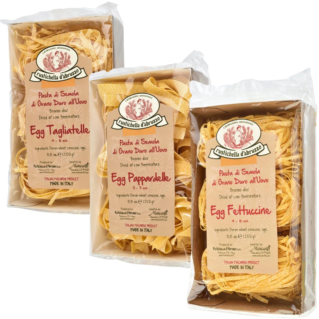 Rustichella d’Abruzzo Egg Pasta Variety Pack - Egg Tagliatelle, Egg Fettuccine & Egg Pappardelle - 3 x 8.8 oz (250g) Italian Egg Pasta Nests - Durum
