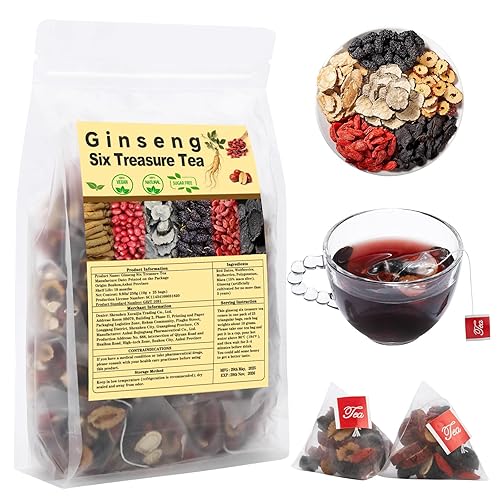 Kidney Tea Formula Ginseng Six Treasures Tea, Traditional Chinese Herbal Teas, Natural Kidney Cleanse Detox Teas for Women & Men, 6 Precious