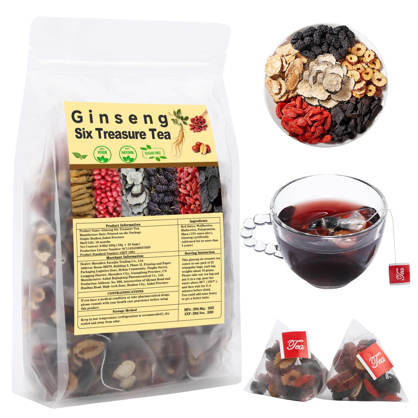 Kidney Tea Formula Ginseng Six Treasures Tea, Traditional Chinese Herbal Teas, Natural Kidney Cleanse Detox Teas for Women & Men, 6 Precious
