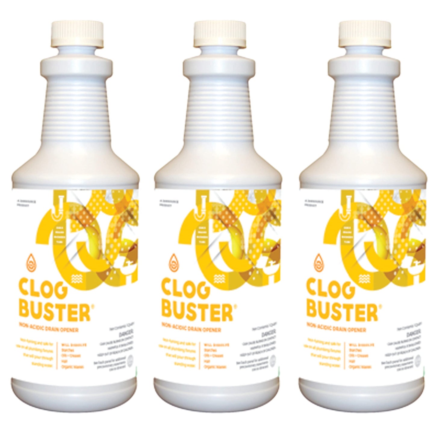 ClogBuster Non-Acidic Drain Opener and Clog Remover, Commercial Grade, 1 Quart (3-Pack)