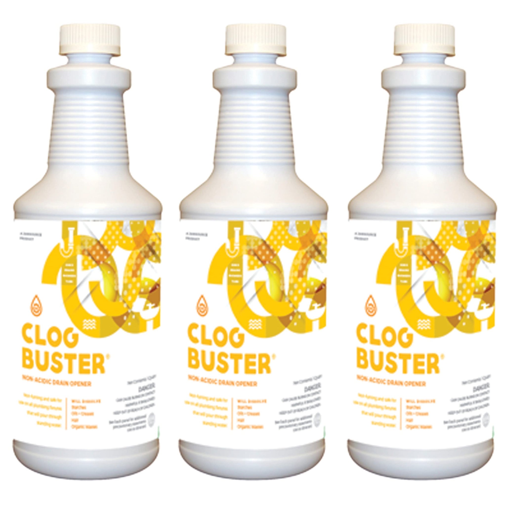 ClogBuster Non-Acidic Drain Opener and Clog Remover, Commercial Grade, 1 Quart (3-Pack)