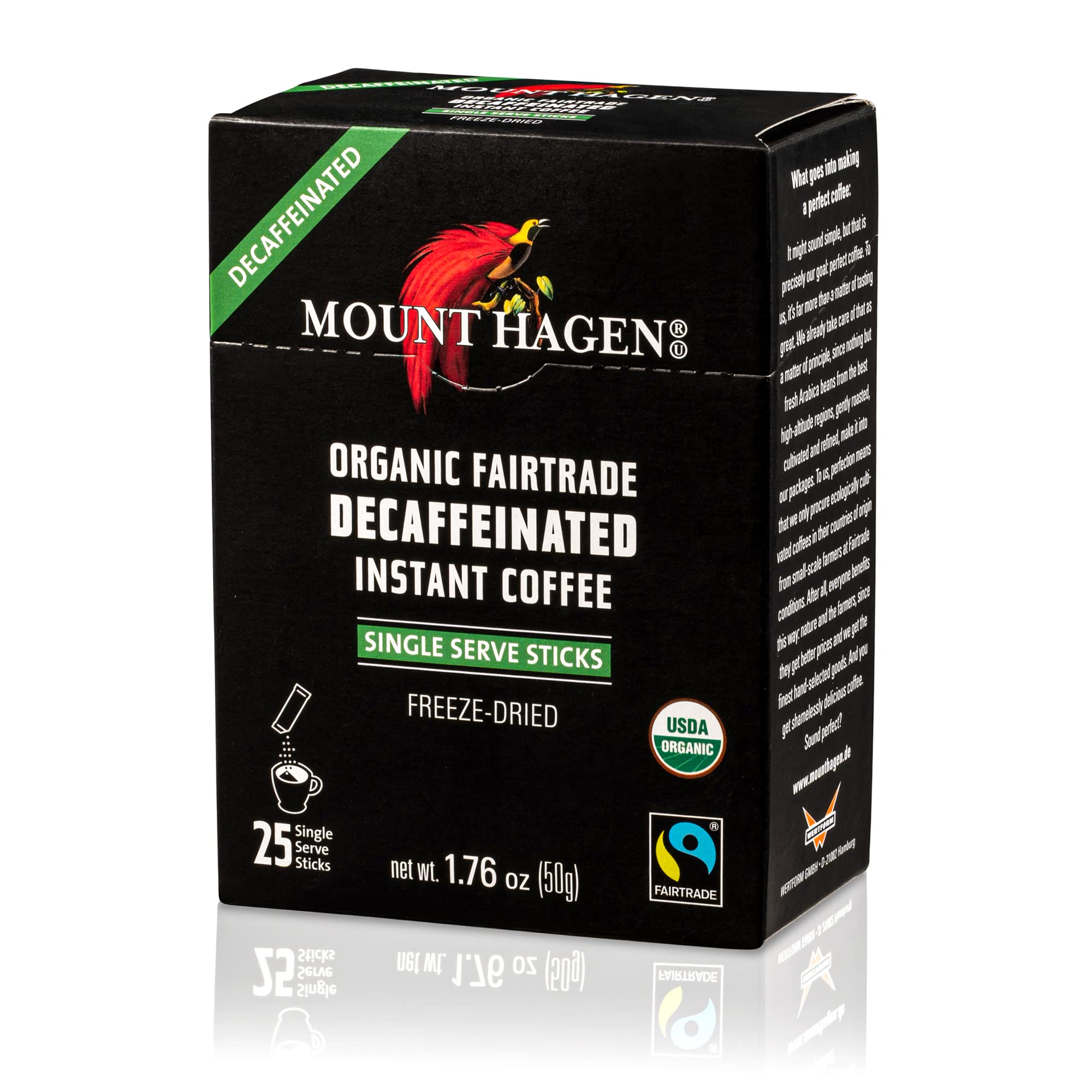 Mount Hagen 25 Count Single Serve Instant Decaf Coffee | Decaffeinated Organic Arabica Beans | [25 sticks/1.76oz/50g]