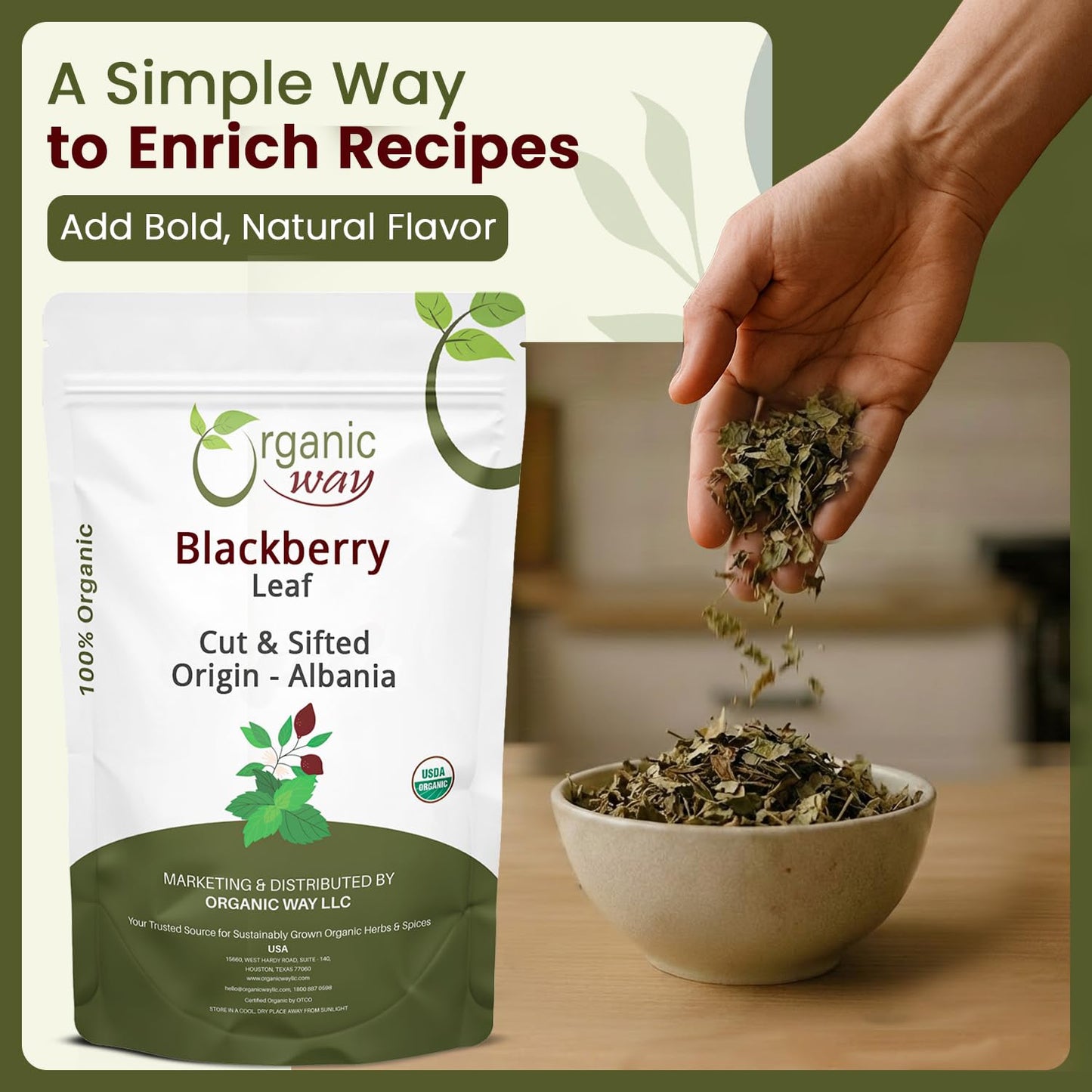 Organic Way Blackberry Leaf (Rubus fruticosus) Cut & Sifted - Herbal Tea | European Wild-Harvest | Organic & Kosher Certified | Non GMO & Gluten Free