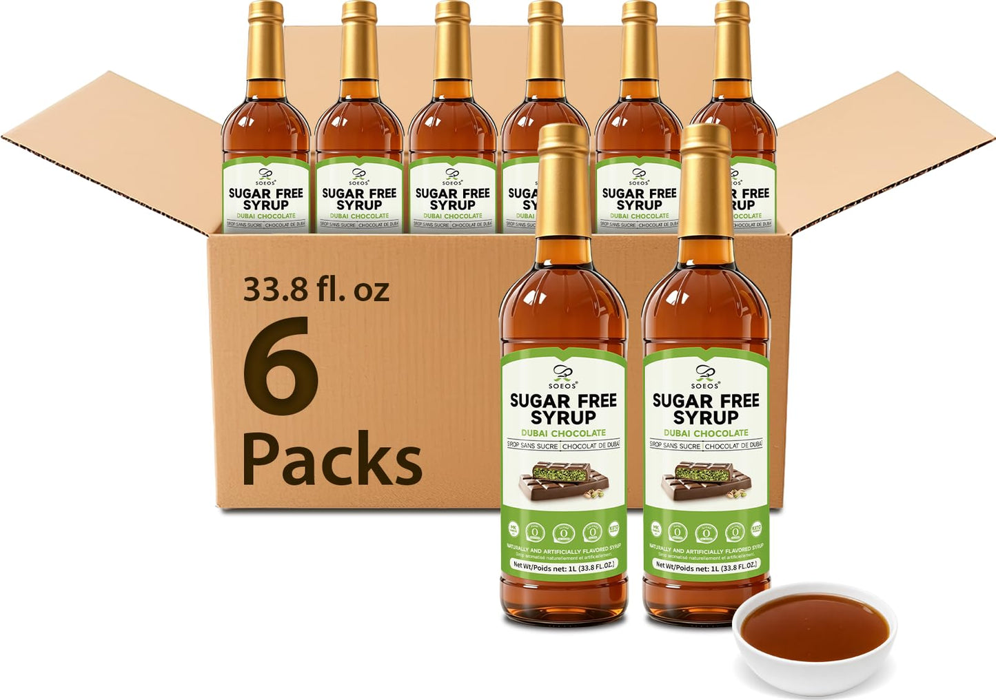 Soeos Sugar Free Syrup, Dubai Chocolate Syrup, 6 Pack, 33.8 fl oz Each (1 Liter Per Bottle),Rich Chocolate Flavor Syrup for Coffee, Desserts